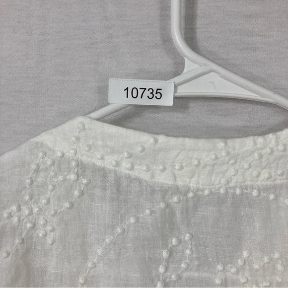 120% Lino White Y Neck Linen Side Slit Embroidered Dot Blouse size US 10 - Picture 10 of 12